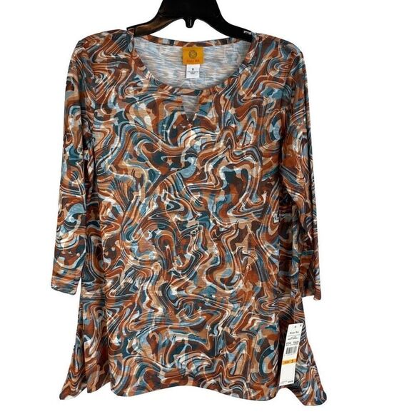 Ruby Rd. Coffee Pullover Marbled Sublimation 3/4 Sleeve Blouse Size S New - Picture 1 of 8